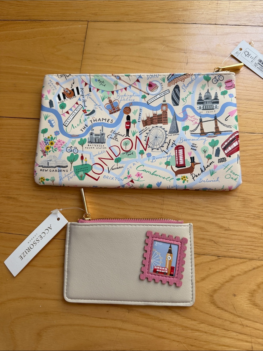 London Landmark Zip Pouch Set in Cream, Pink, Blue and Coordinating Card Case